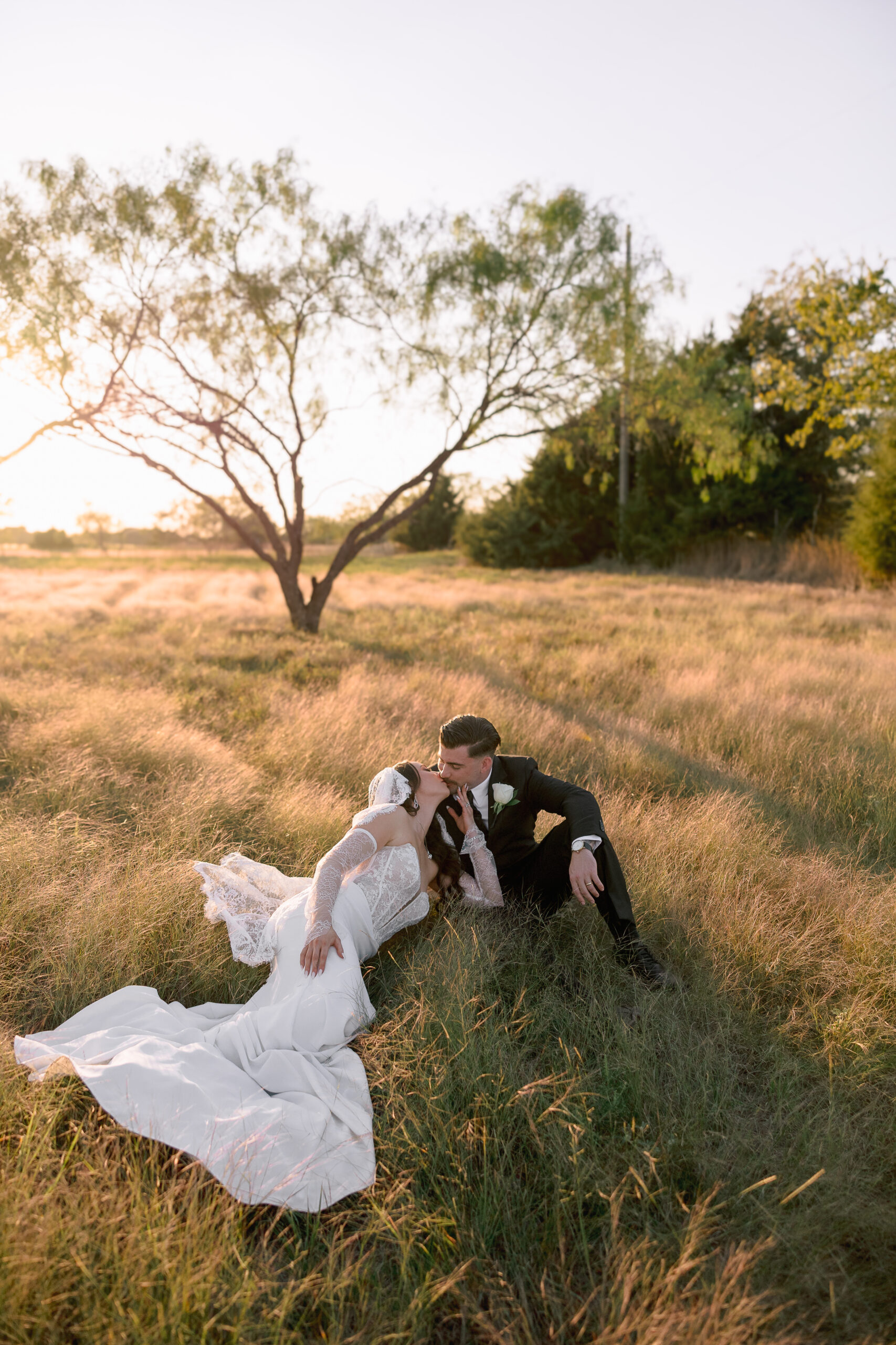 Bride and groom at Davis & Grey Farms during elegant black-tie Texas wedding